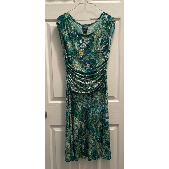 Enfocus Studios Green Midi Dress Paisley Floral Print Womens Size 6 Ruched Waist - Picture 1 of 3